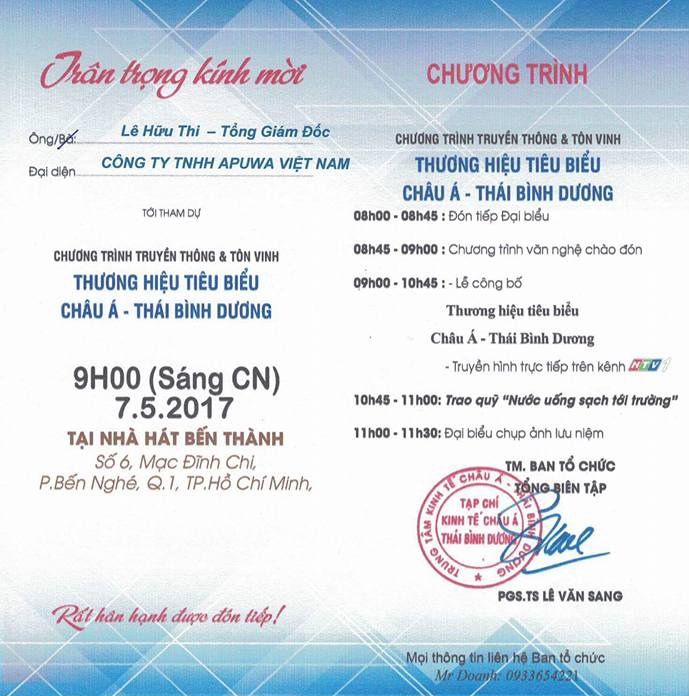 Lễ công bố và truyền thông Thương hiệu tiêu biểu hội nhập - Châu Á Thái Bình Dương 2017 Apuwa Việt Nam